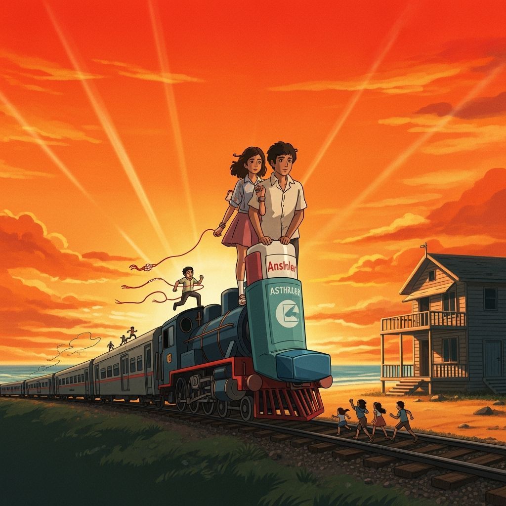 Emotional Train Journey at Sunset in Symbolic Style