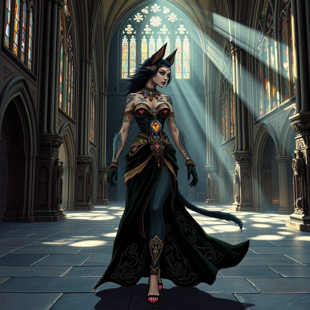 Ursine-Human Hybrid in Gothic Cathedral, Art Nouveau Style