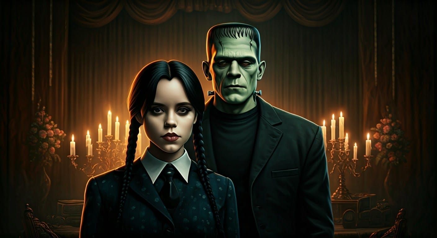 Wednesday Adams and Frankenstein's Monster's Prom Photo