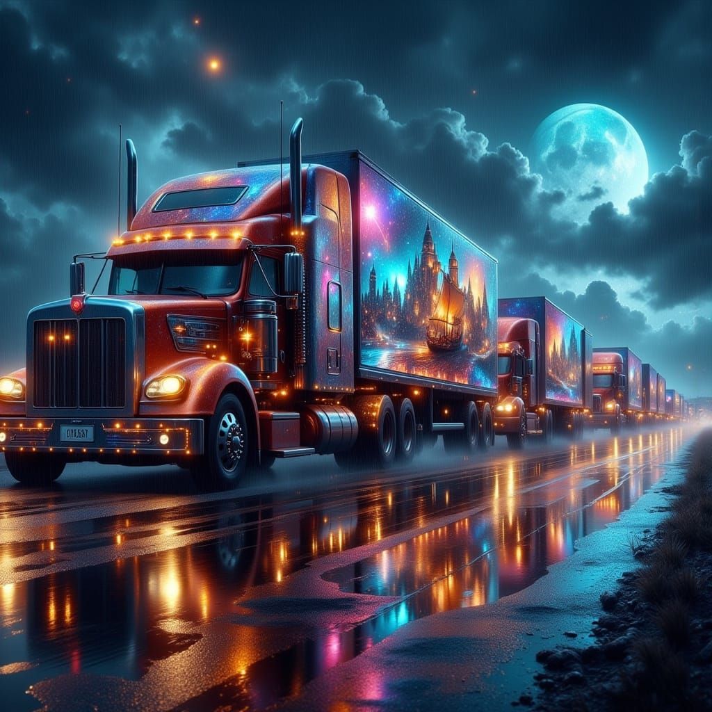 Truck Convoy with Surreal Windows in Digital Painting Style