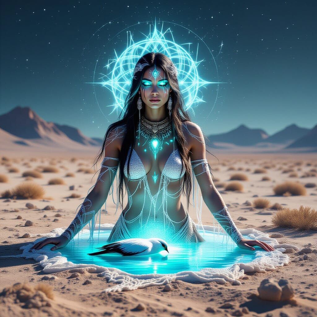 Mystical Shaman with Bioluminescent Frozen Oasis in Barren L...