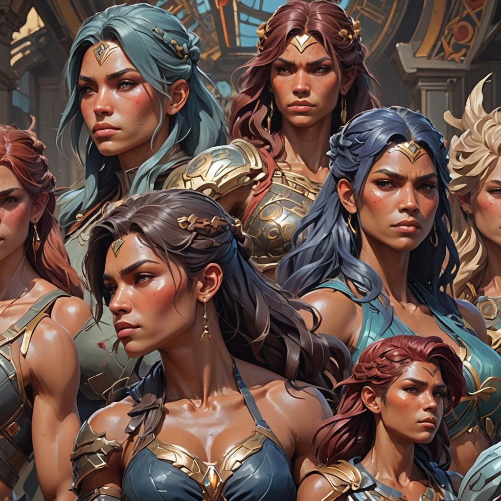 Detailed Portrait of Muscular Women in Art Nouveau Style