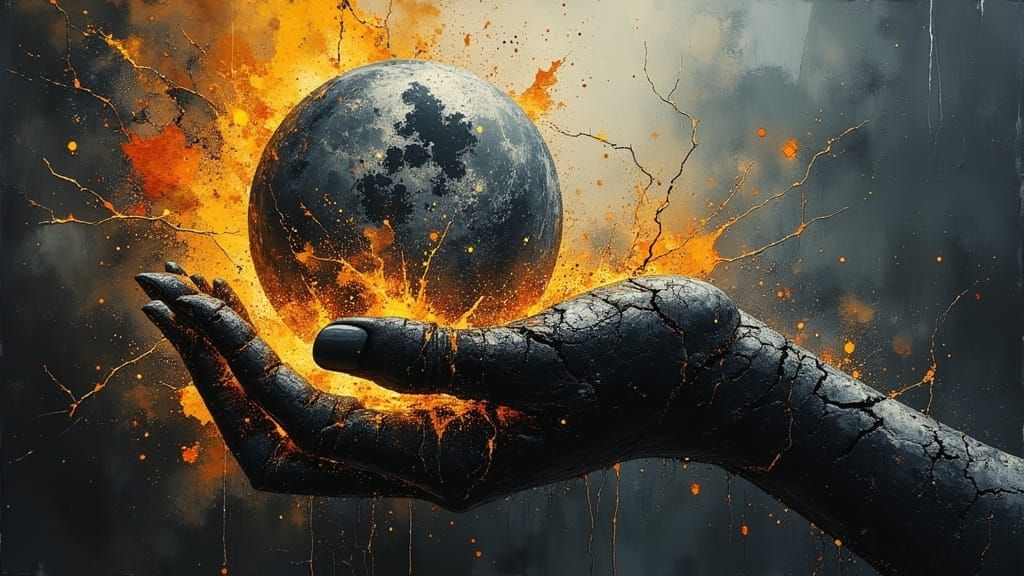 Gigantic Fiery Hand Crushing Earth in Surreal Fantasy