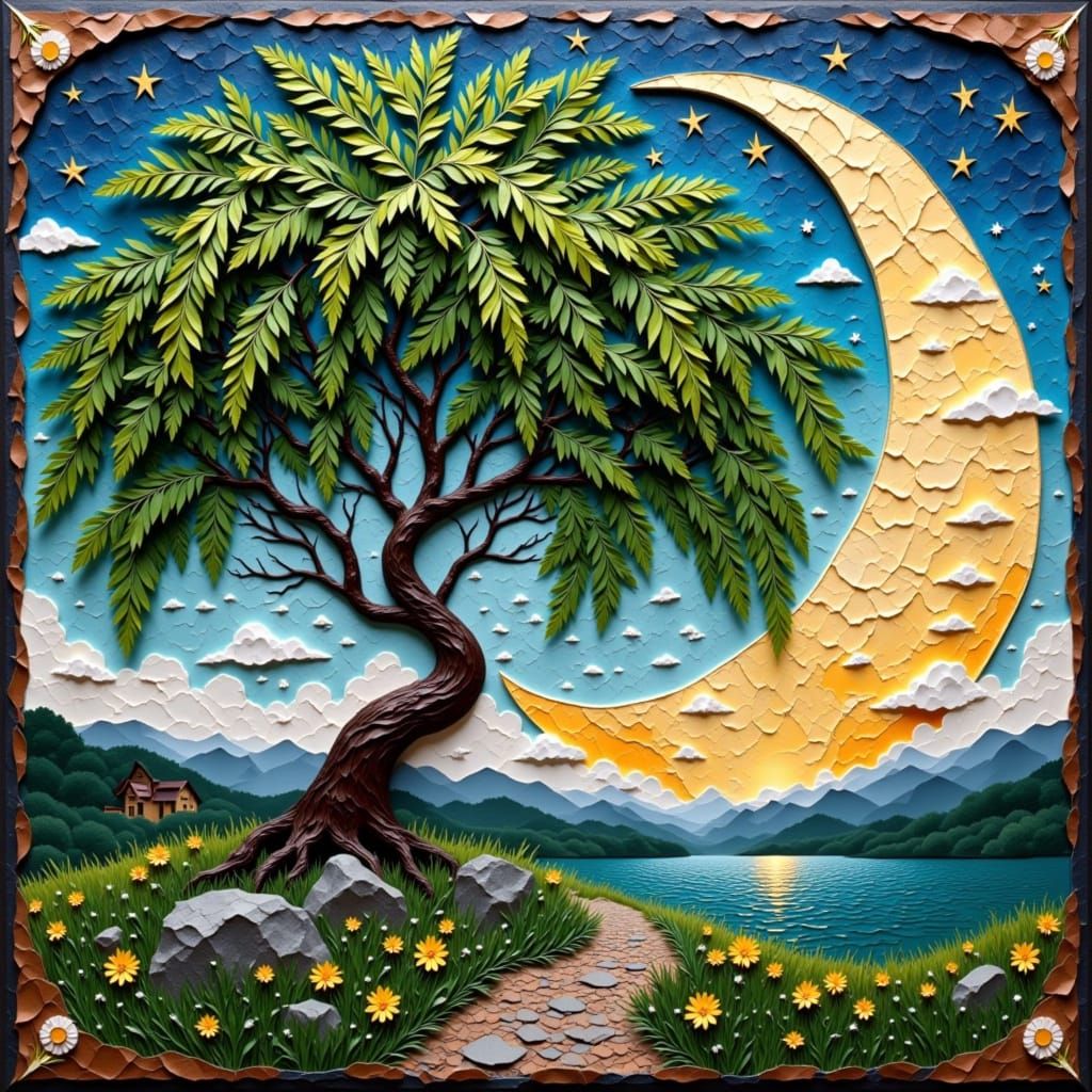 Whispering Weeping Willow Under Crescent Moonlight