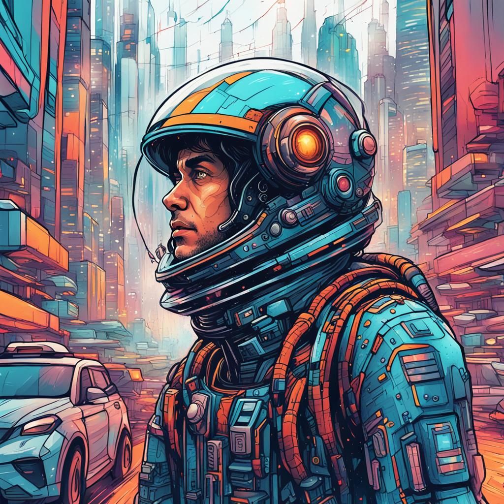 Sci-Fi Astronaut in Doodle Style Metropolis
