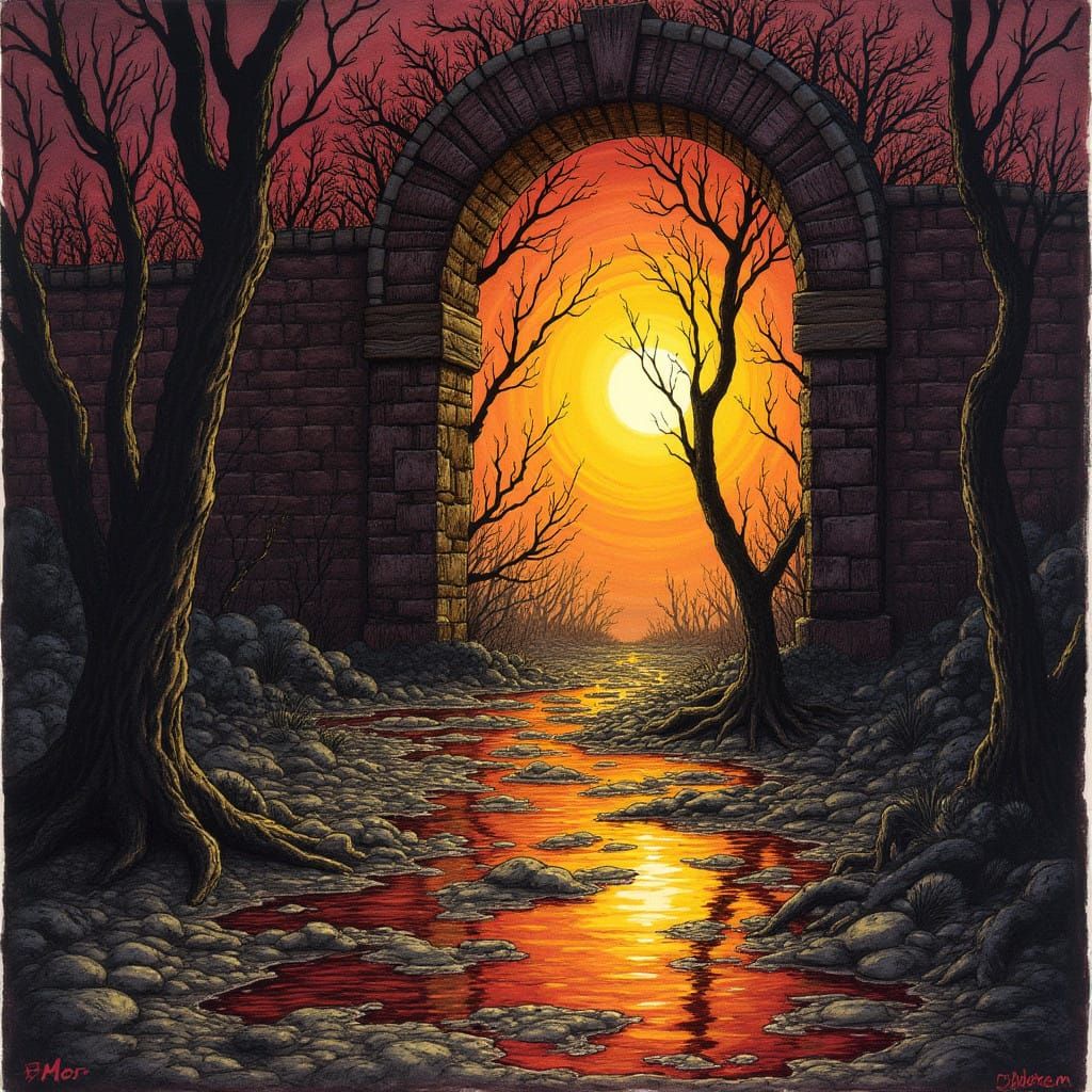 Surreal Dark Fantasy Realm Unfolds Through Shimmering Portal...