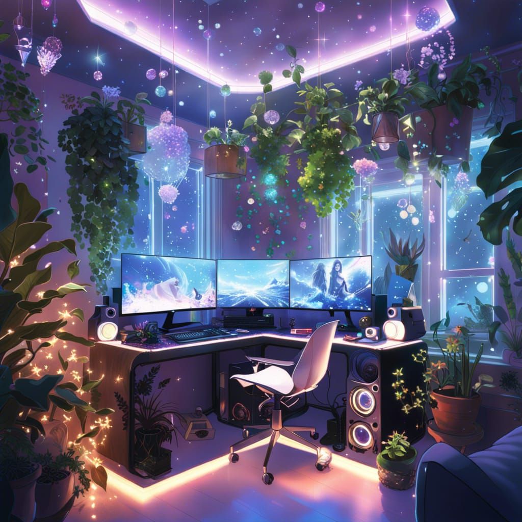 Celestial Crystal Gaming PC Setup in Detailed Style