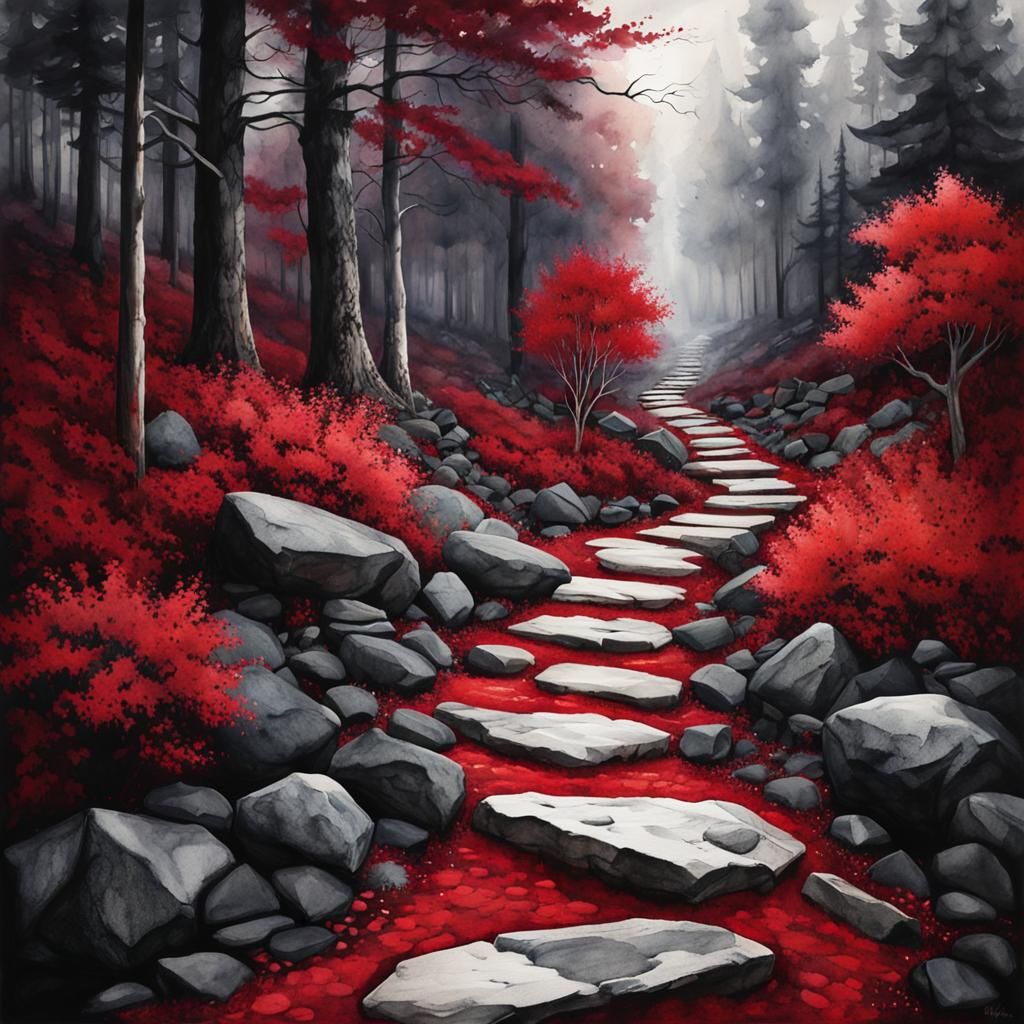 Whimsical Watercolour Stone Path in Red, White, and Black
