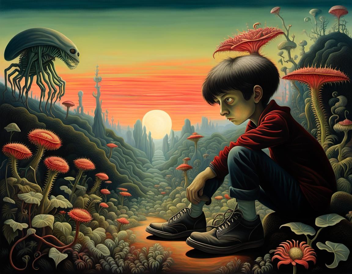 Eerie Liminal Landscape with Psychedelic Flower, Oil on Canv...