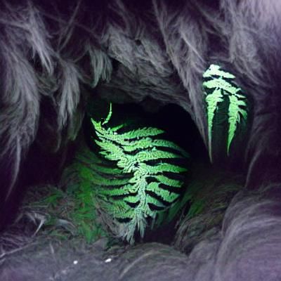 Lush Ferns in a Dark Cave Interior