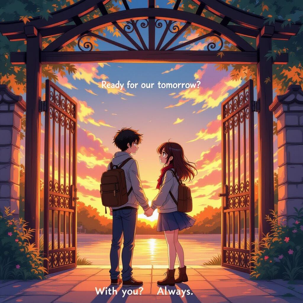 Anime Couple at College Gate in Golden Hour Light