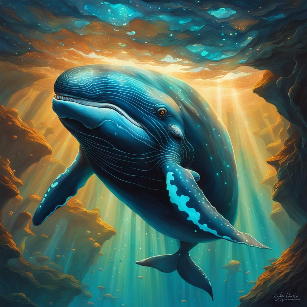 Ethereal Whale in Underwater Cave: Fantasy Art