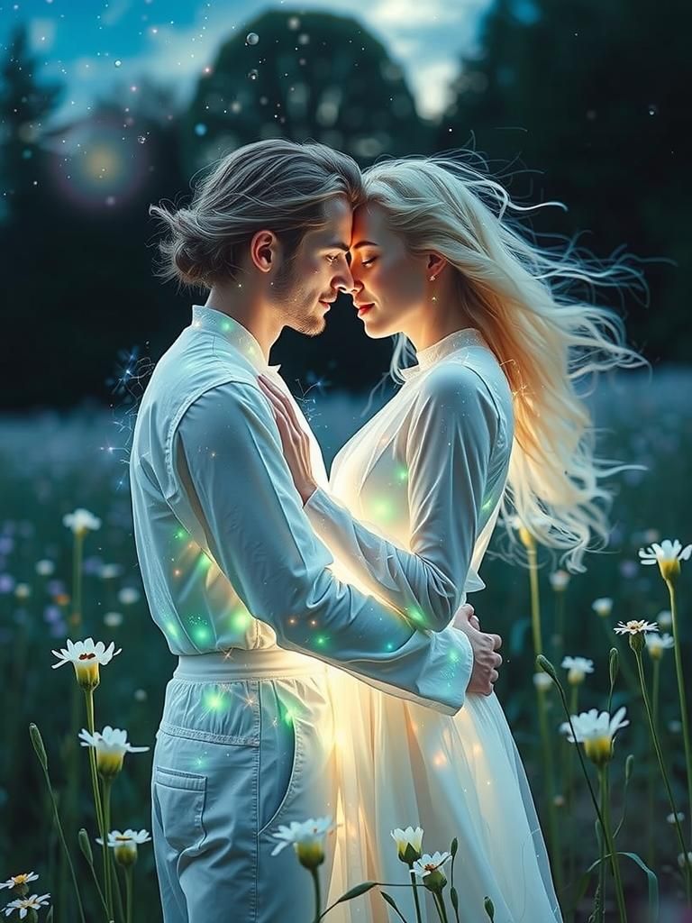 Glowing Wizard Couple Embrace in Cosmic Meadow