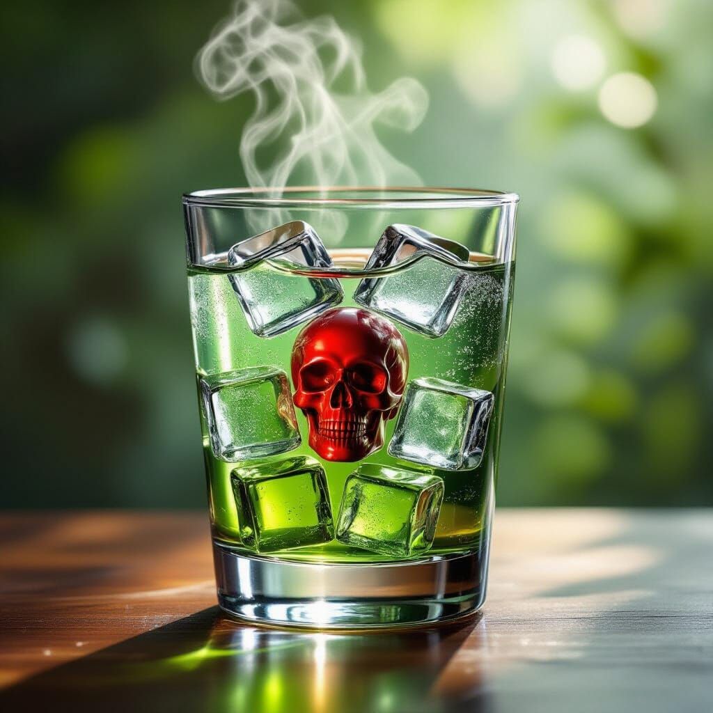 Glass of Poisoned Ice with Skull in Dramatic Light