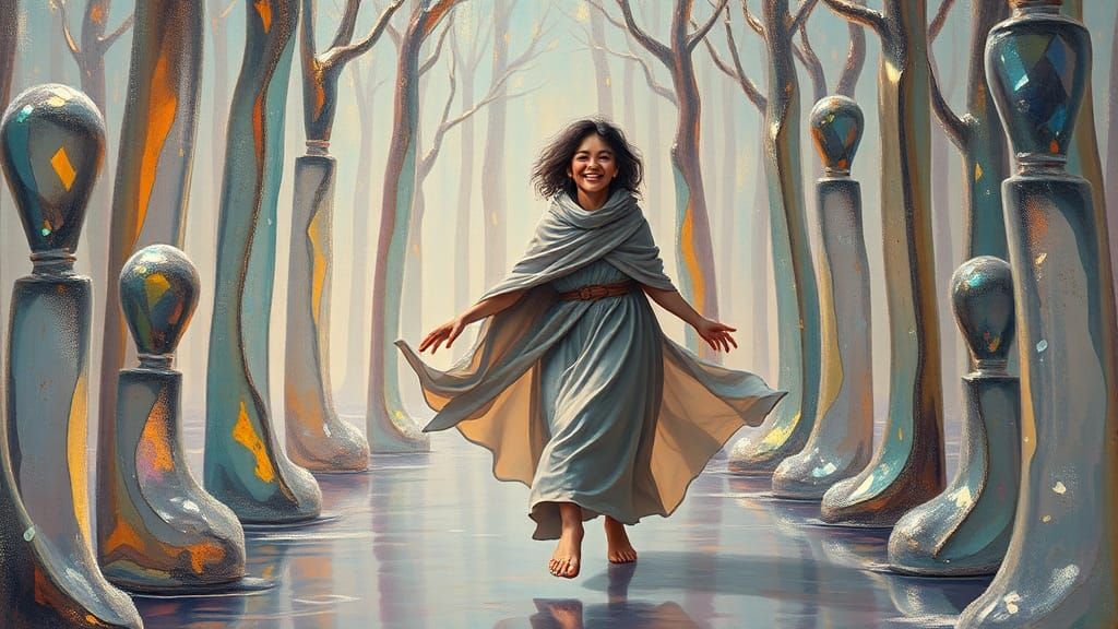 Joyful Figure Laughs in Surreal Glass Forest