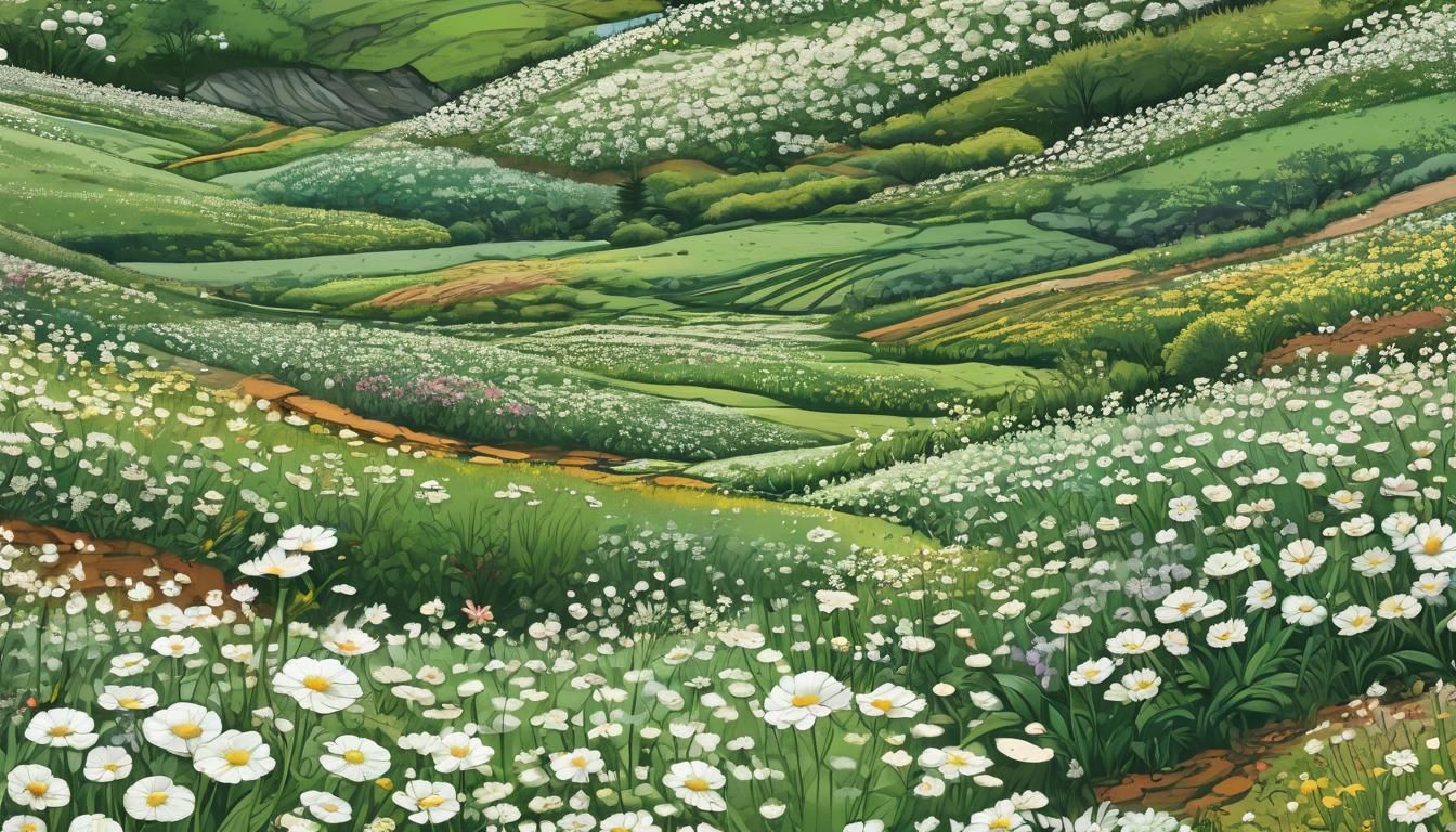 White Flowers in Hyperdetailed Cartoon Landscape