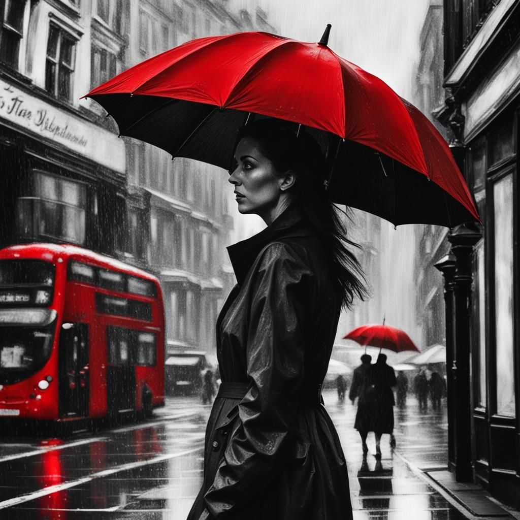 Woman with Red Umbrella in Rainy London