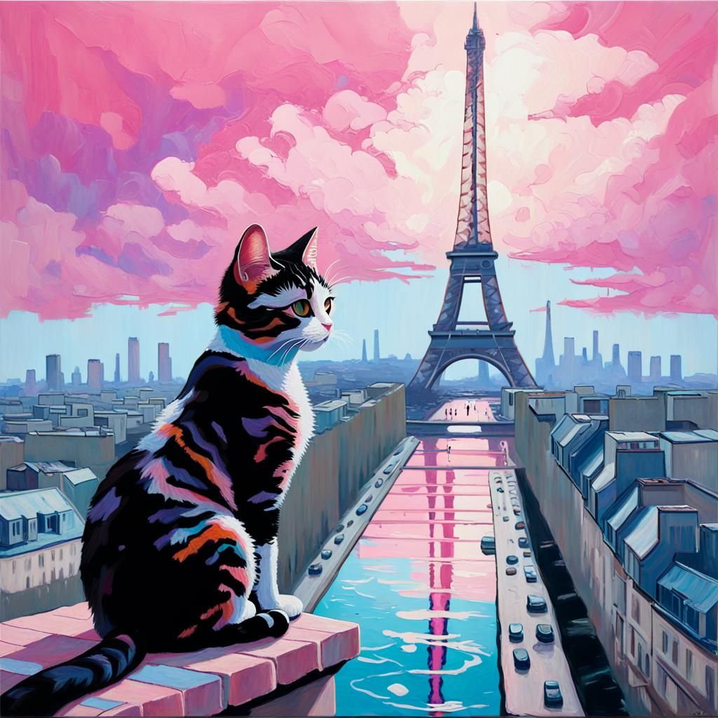 Calico Cat in Paris: Vaporwave Oil Painting