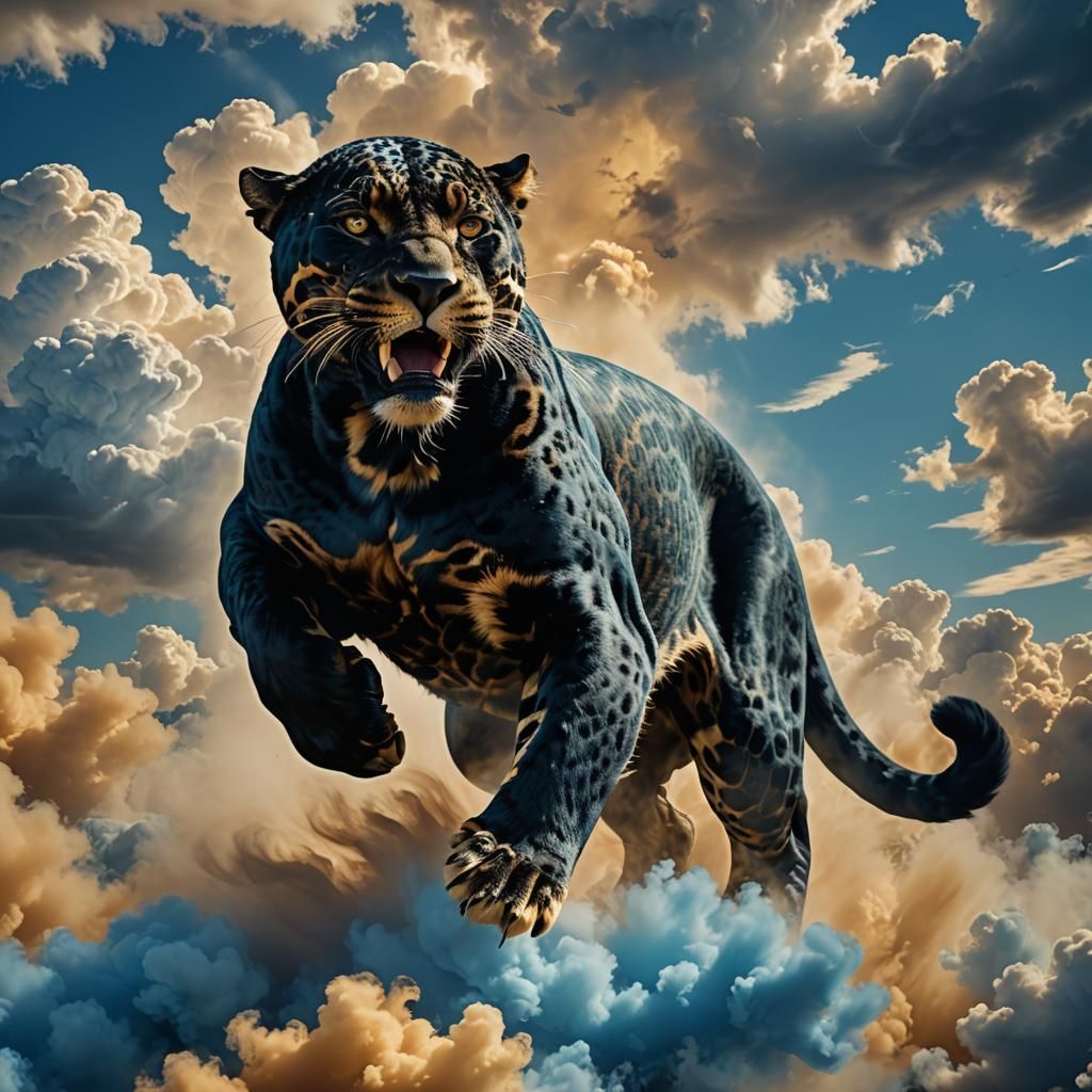 Black Jaguar Emerges from Clouds in 3D Rendering