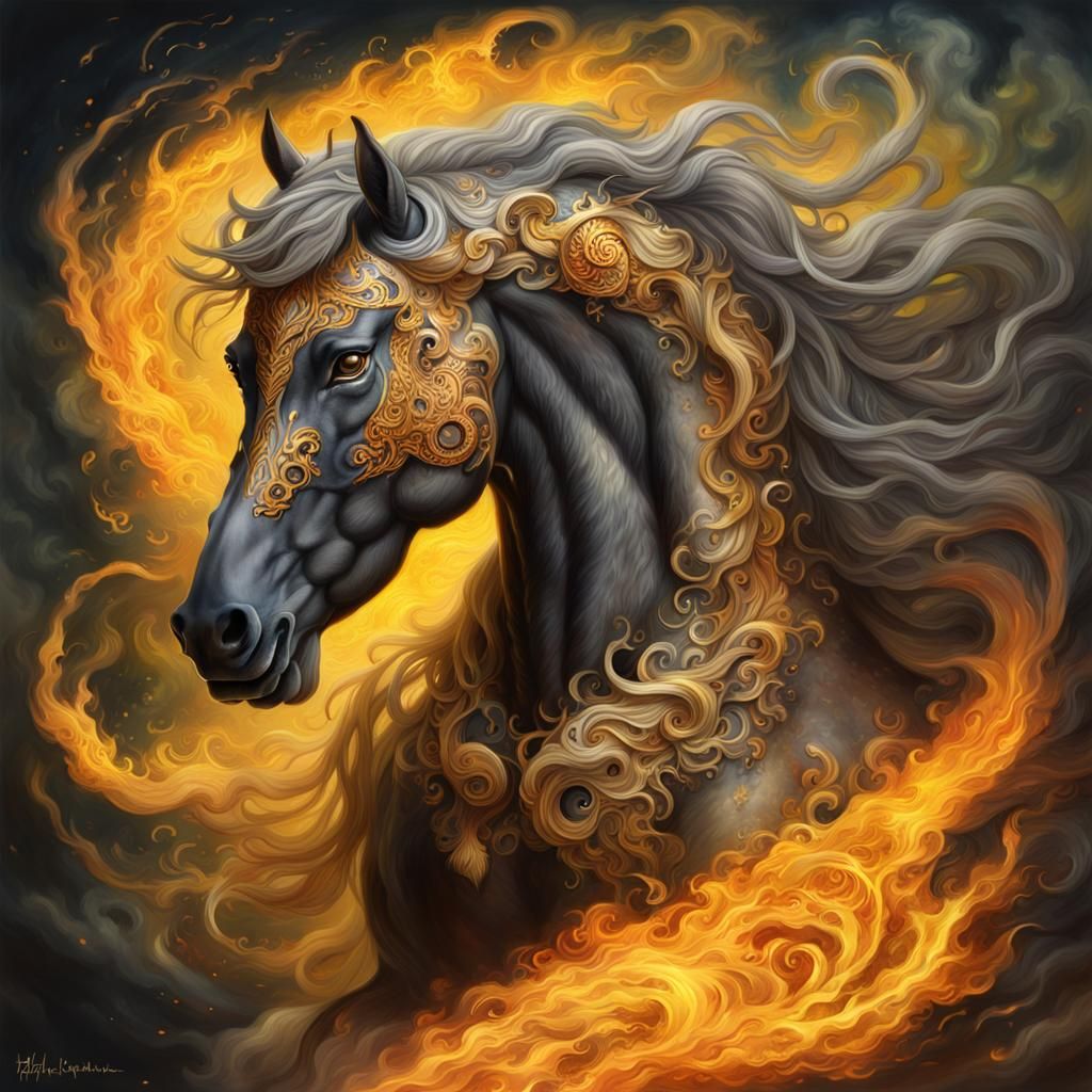 Yggdrasil Fire Horse Portrait as Detailed Matte Painting