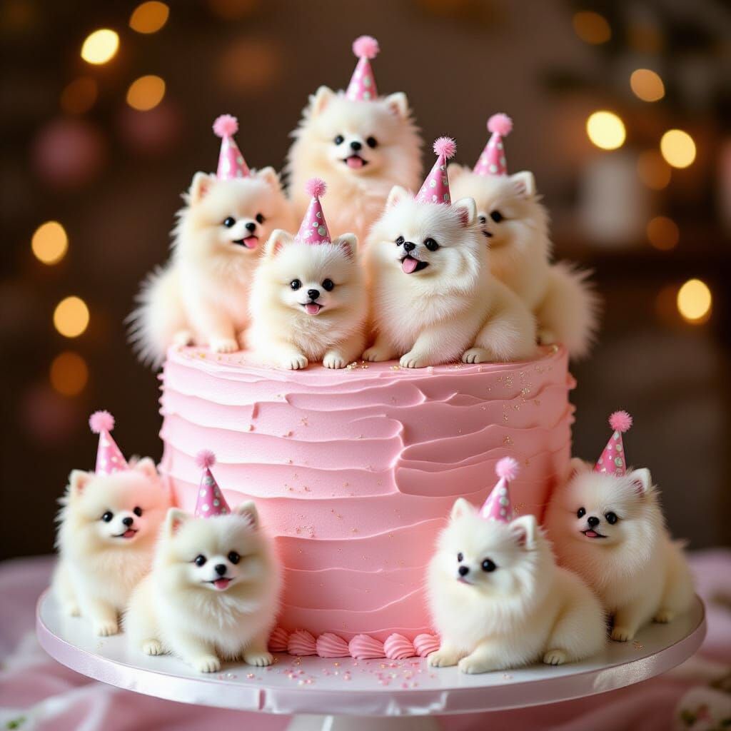 Pink Birthday Cake with Pomeranians in Party Hats