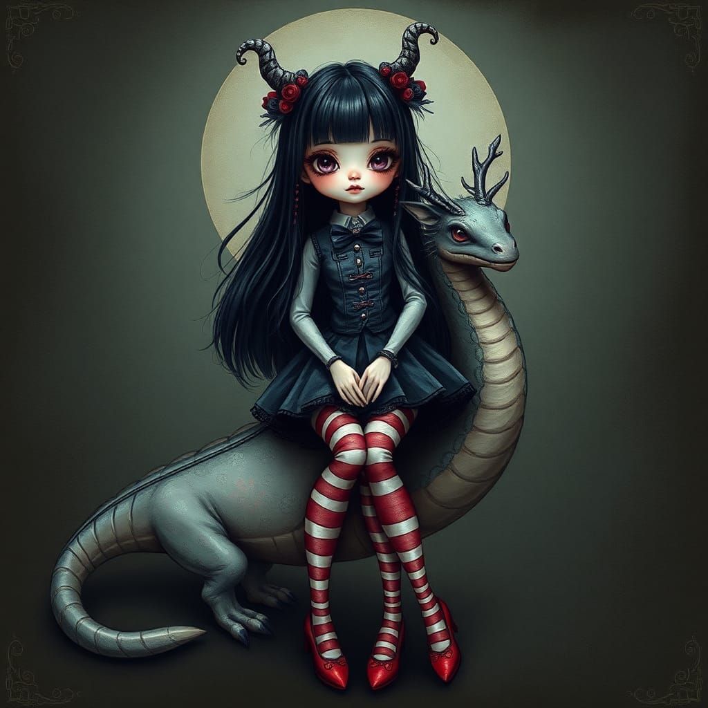 Emo Doll with Dragon Companion in Pop Surrealism Style
