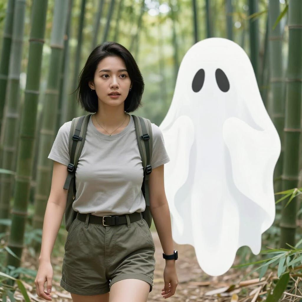 Woman and Ghost Friend in Thai Bamboo Forest