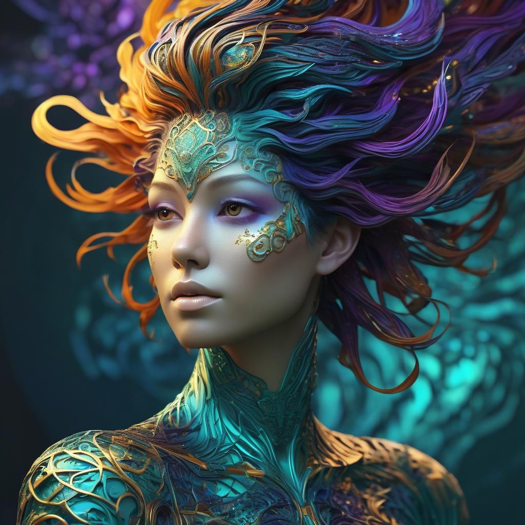 Stylized Female Bust with Fractal Hair in Teal and Gold