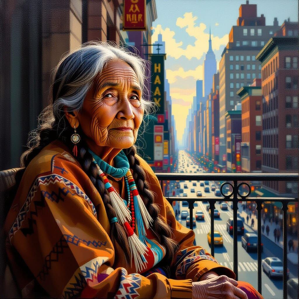 Elderly Native American Woman Overlooks NYC Street