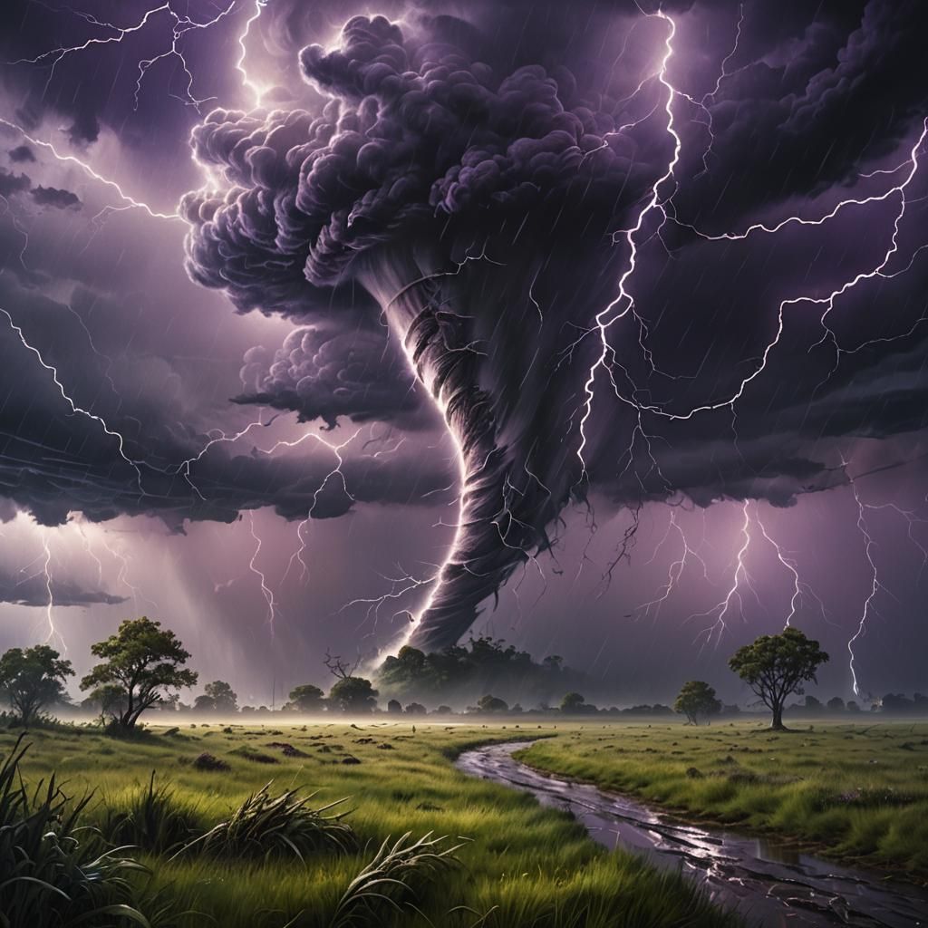 Tornado Forms Over Stormy Field, Vivid Oil Painting