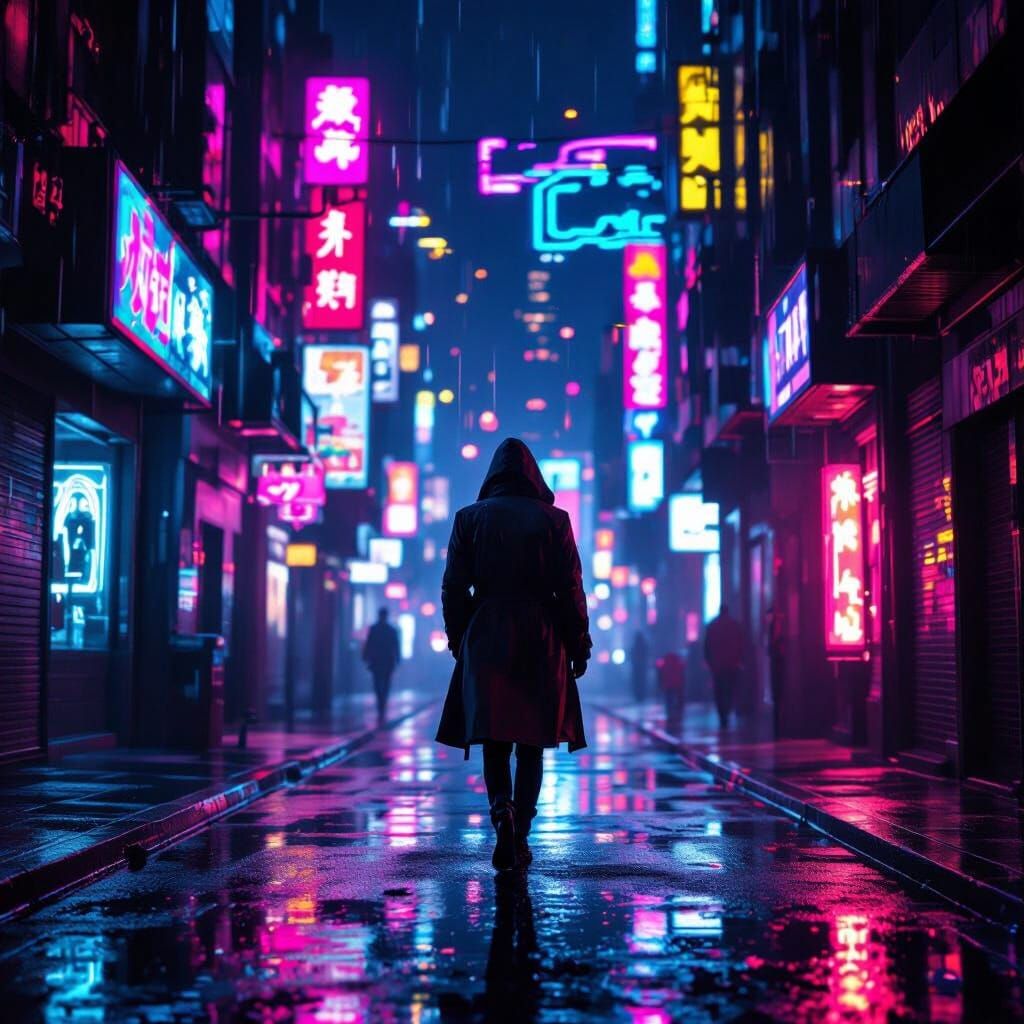 Cyberpunk City Alley Walk in Neon Rain