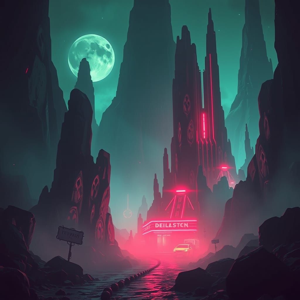 Mystical Landscape in Retro-Futuristic Noir Style