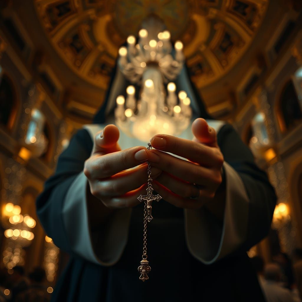 Nun with Rosary in Ballroom, Hyperrealistic Scene