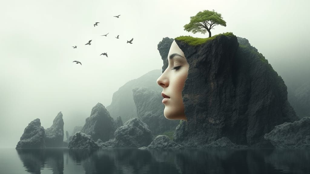 Surreal Double Exposure: Woman and Rocky Cliff