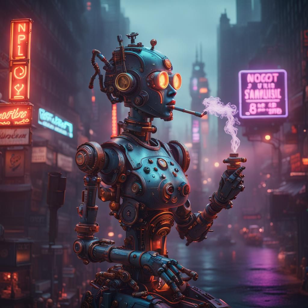 Mechanical Woman Robot Smoking in Neon Fog