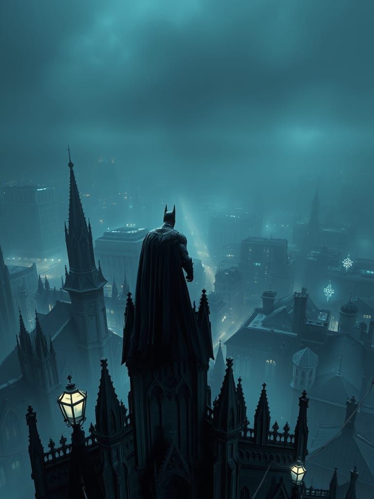 Batman Overlooking Gothic Cityscape in Cyberpunk Style