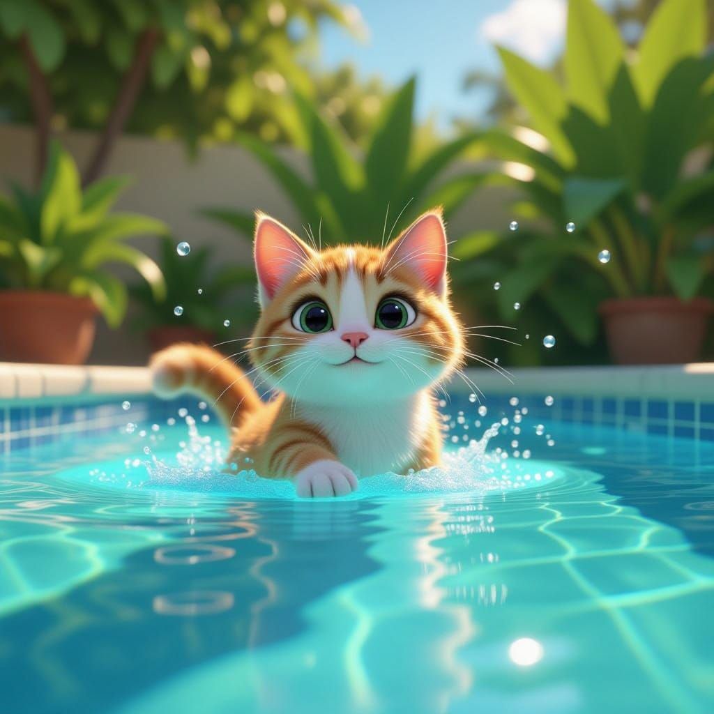 Realistic Cat Emerges Confidently from Swimming Pool in Vibr...