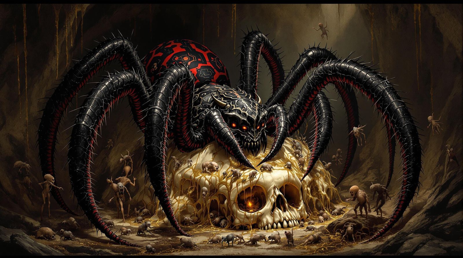 Baroque Spider on Skull in Dark Cave