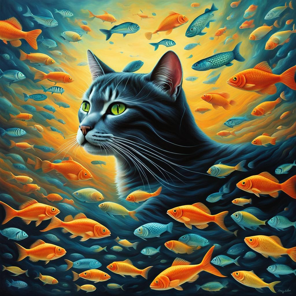Cat's Surreal Dream of Floating Fish