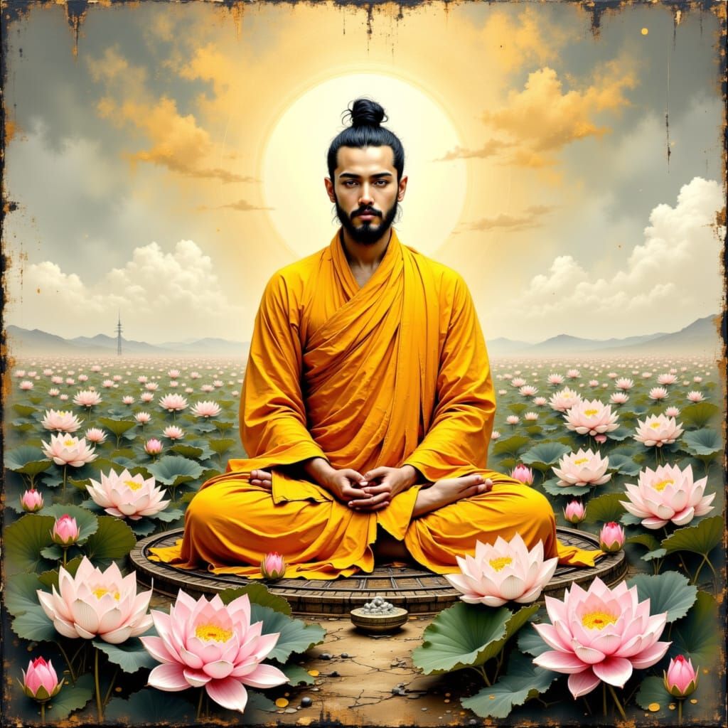 Meditating Monk in Lotus Field, Thangka Style