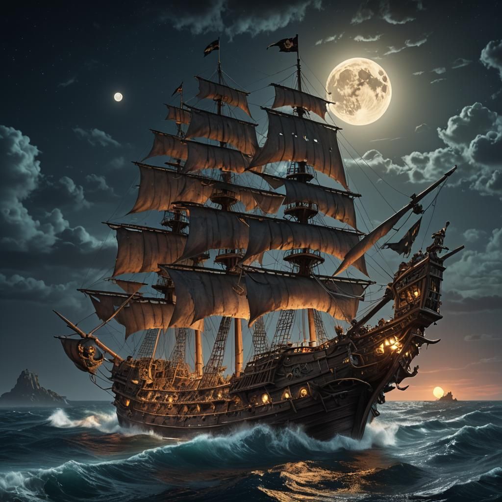 Werewolf Pirate Ship Under Full Moon, Fantasy Art
