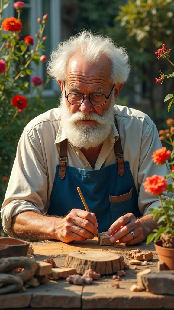 Man Carving Wood in Garden, Hyperrealistic Illustration
