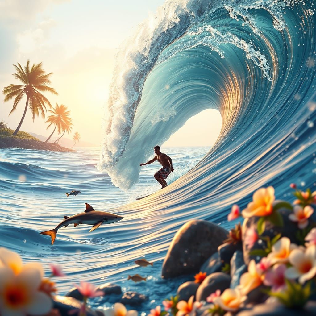 Serene Ocean Wave in Hyperrealistic Digital Art