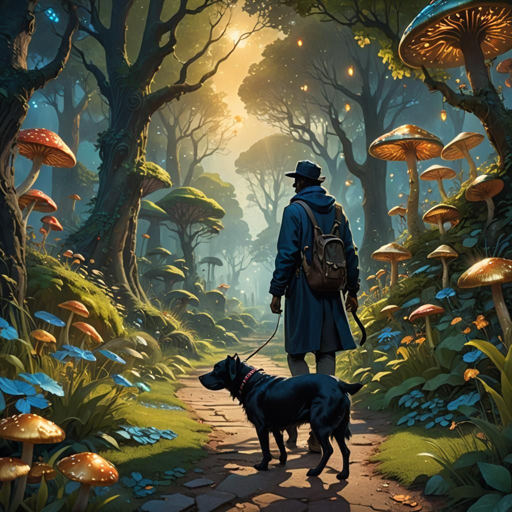 Dog and Owner in Mystical Park, Digital Painting