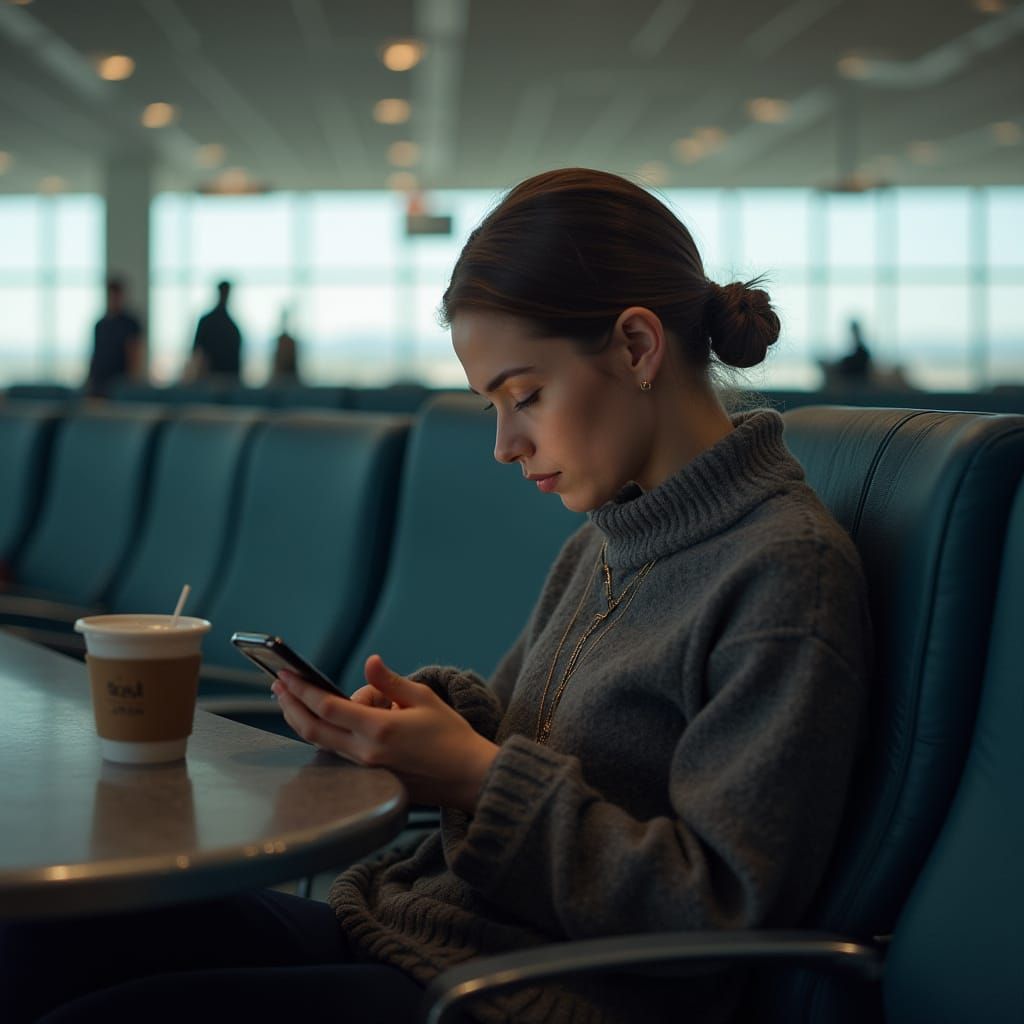 Woman Trading on Phone at Airport in Realistic Style