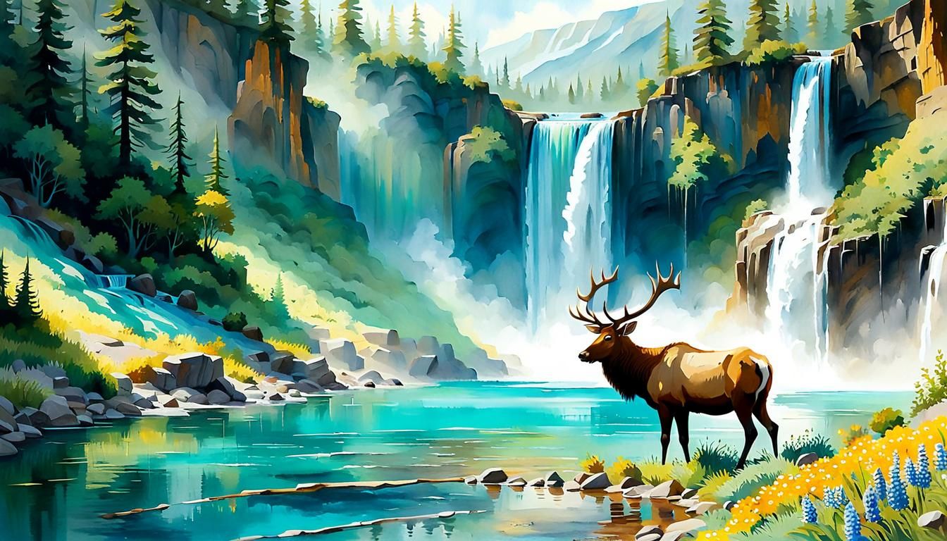 Elk at Turquoise Pool: Impressionistic Watercolor