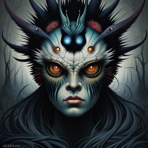 Surrealist Painting of Two Figures with Big Eyes