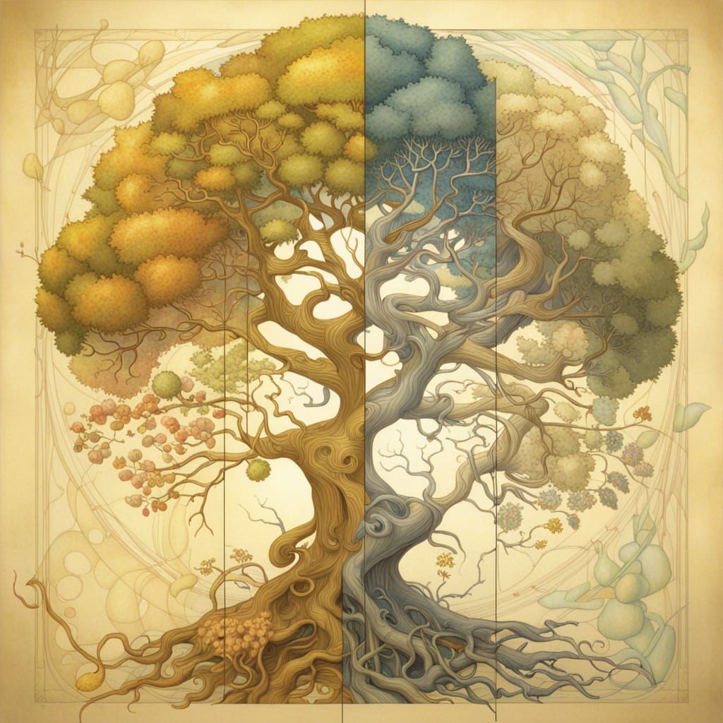 Four Seasons Tree in Storybook Watercolor Style