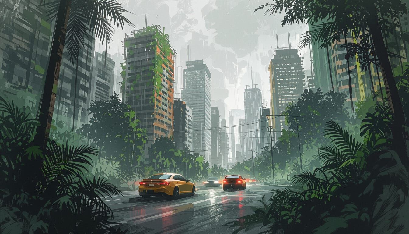 Jungle Cityscape Digital Sketch with Epic Colors