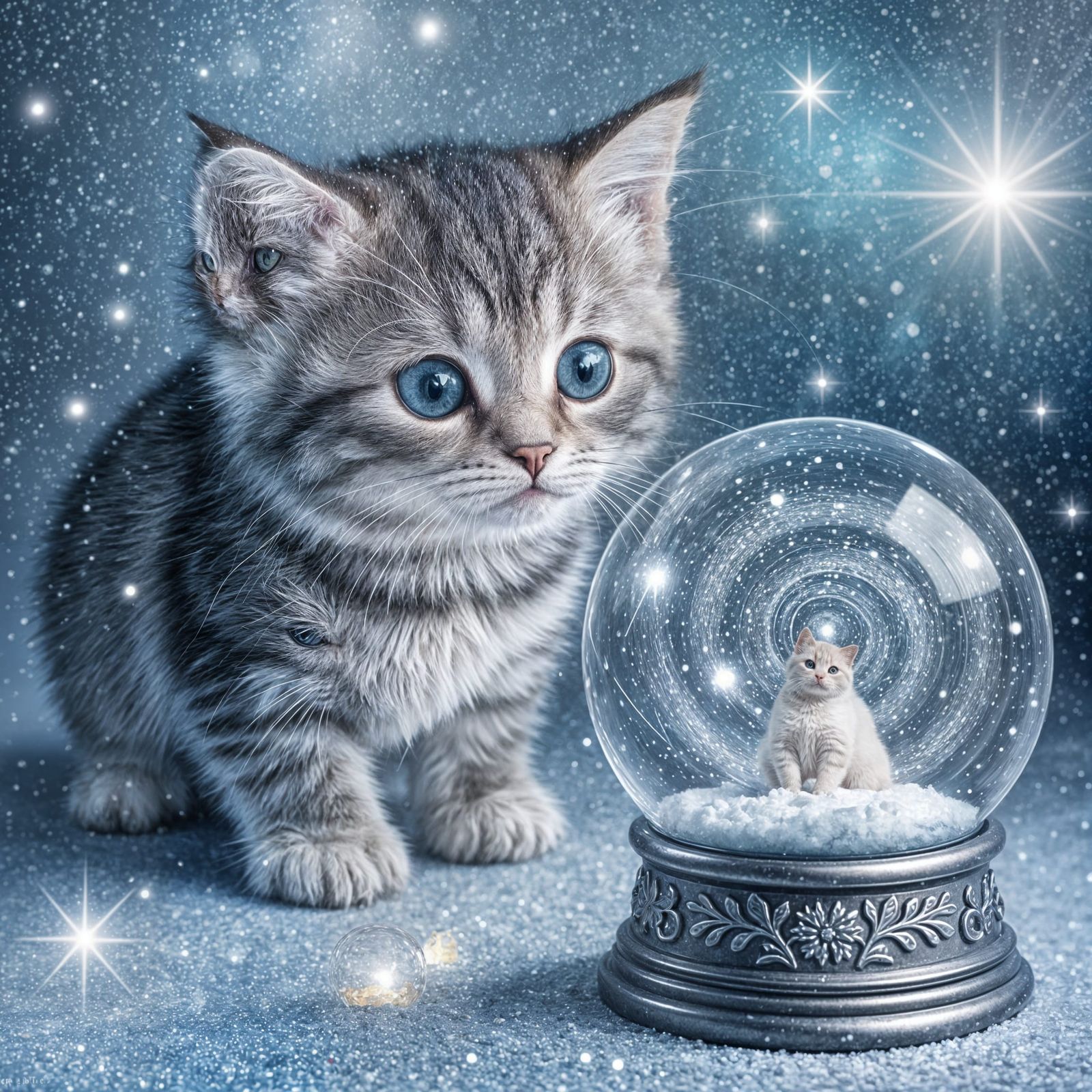Kitten Gazes at Magical Snowglobe in Ethereal Style